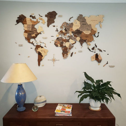3D Wooden World Map above sofa in living room — EgoWooden
