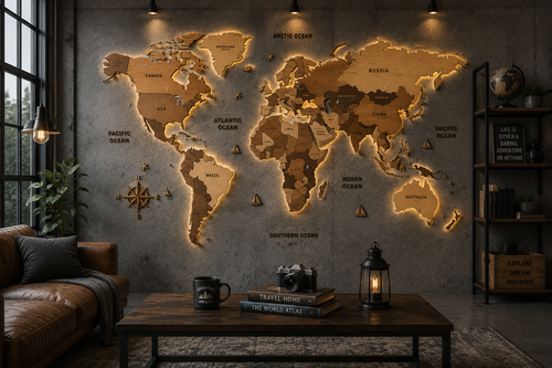 3D LED Wooden World Map backlit glow in living room — EgoWooden