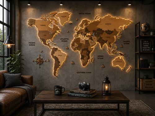 3D LED Wooden World Map — Backlit
