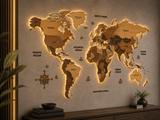 3D LED Wooden World Map — Backlit — view 3
