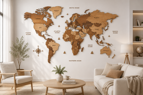 EgoWooden wooden world map in a bright living room