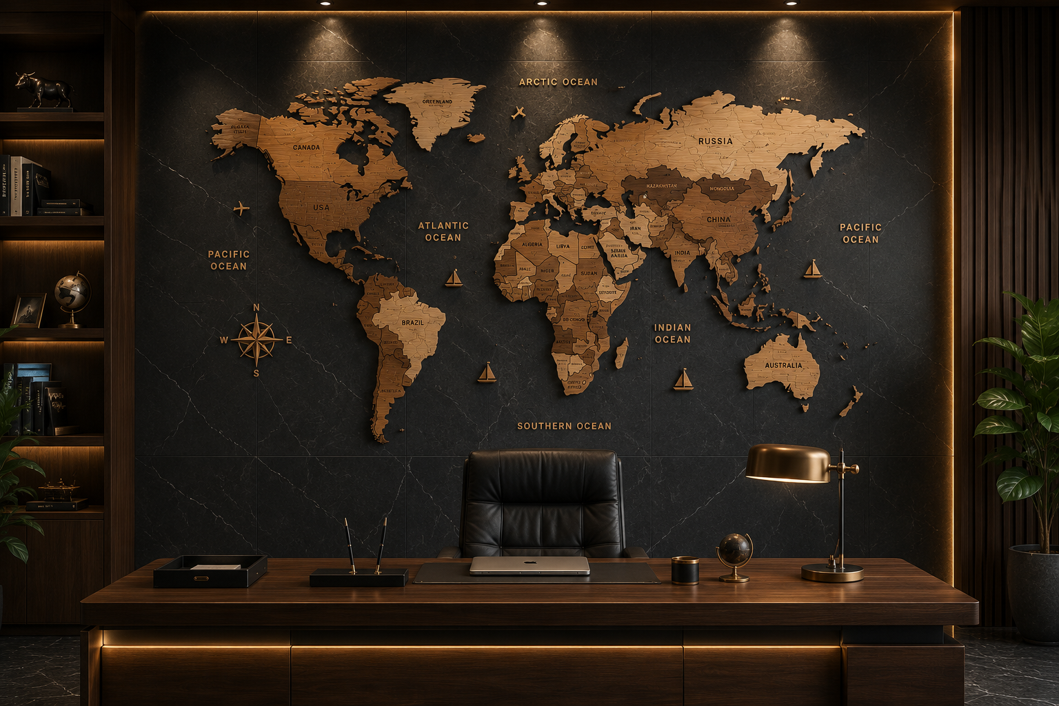 EgoWooden wooden world map in a luxury office